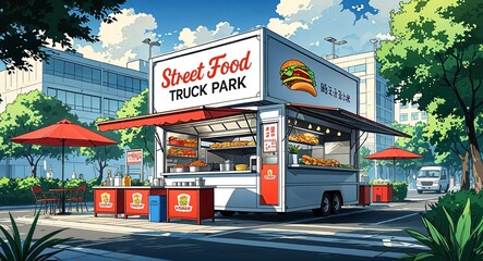Street food truck park building design on manga design illustration background