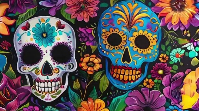 Holiday composition for happy celebrate dia de muertos, abstract vivid composition consists of fictional unreal fantastic vision on background