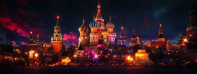 Moscow at night with St. Basil's Cathedral glowing in vibrant colors, Red Square illuminated, and the Kremlin shining under a deep night sky