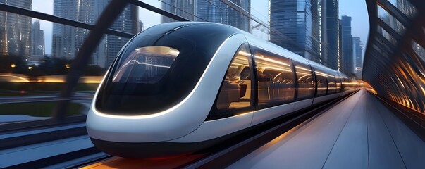 Fototapeta premium Futuristic driverless train moving through modern city at dusk