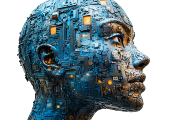 Portrait of a futuristic robot head with circuits