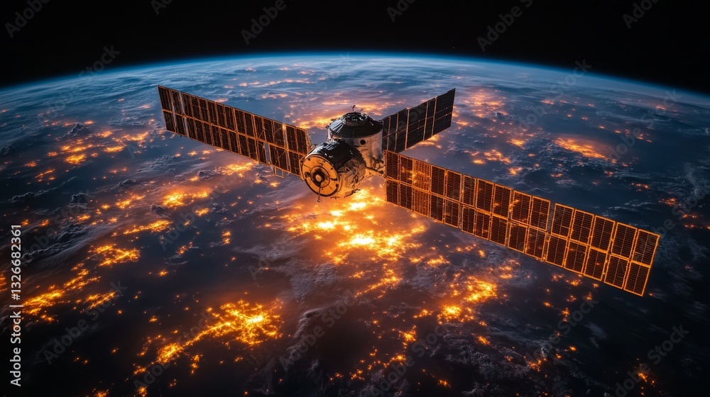 Poster a satellite operates in low earth orbit, capturing real-time telemetry data and conducting geospatia