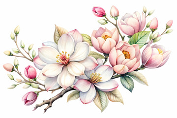Fototapeta premium Blossom Bouquet: A watercolor illustration showcases a delicate arrangement of blooming flowers and budding branches, perfect for capturing the essence of spring.