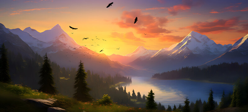 on the mountain looking at the sunrise with lots of trees and birds flying, ai generative