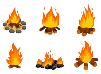Fire flames set in flat style with burning wood and campfire fenced with stones isolated illustration