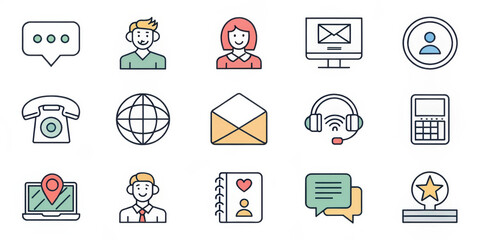 Communication icons including chat, people, devices, and symbols represent various methods of interaction. These icons convey essence of modern connectivity and engagement