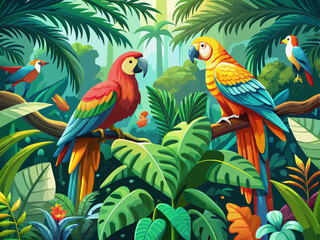 Vibrant Colorful Parrots Perched on a Branch in a Lush Tropical Forest.