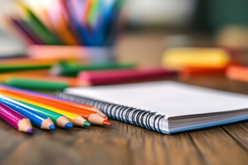Brightly colored pencils surround a blank sketchbook ready for artistic expressions and creativity