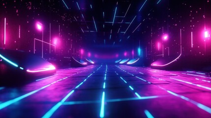 Neon Futuristic Stage with Geometric Polygon Structure and Cyberpunk Atmosphere for Product Showcase