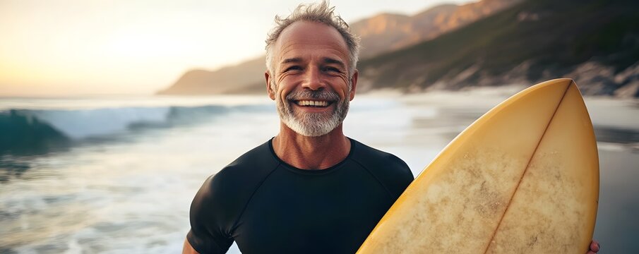 Happy senior surfer holding surfboard smiling at beach at sunset