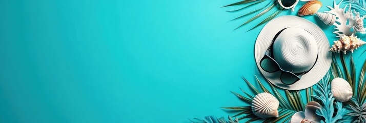 Tropical Vacation Essentials with Hat Sunglasses Flip Flops Seashells on Turquoise Background