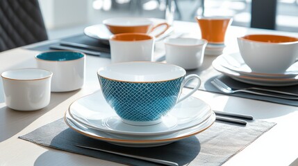 Elegant ceramic dinnerware set on a dining table soft light highlights vibrant patterns modern home decor eye-level view aesthetic dining experience