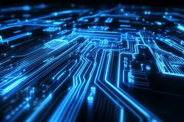 Dynamic neon blue circuit board glowing with data pulses
