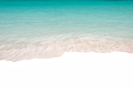 Top view of ocean tranquil waves on the sand isolated on white or transparent background, png cut out. Caribbean beach tropical  summer holiday vacation background overlay.