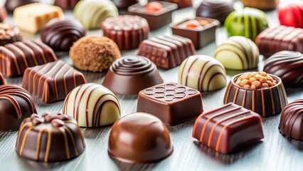 Delicious Chocolate Candies Arranged on White Background - Sweet Treats Photography
