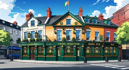 Traditional Irish pub building design on manga design illustration background