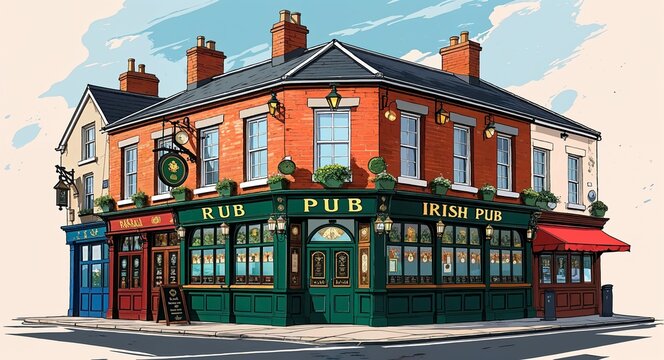 Traditional Irish pub building design on manga design illustration background