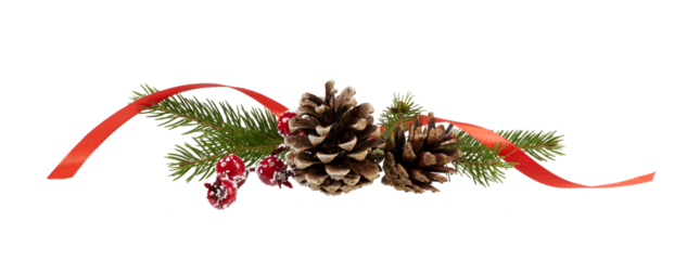 christmas decoration ornament with fire branches, pine cone and red ribbon bow isolated on white or transparent png