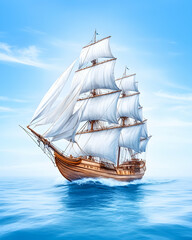 Wooden sailing ship on blue ocean