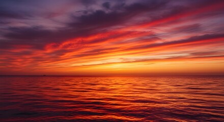 Fototapeta premium Atardecer ardiente sobre el océano: cielo dramático y colores reflejados