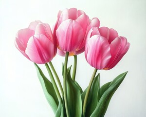 Fototapeta premium Close-up of Five Pink Tulips Isolated on White Background