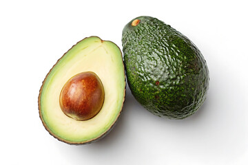 Isolated ripe avocado half with seed and whole avocado fruit on white background, healthy organic food ingredient, fresh green produce.