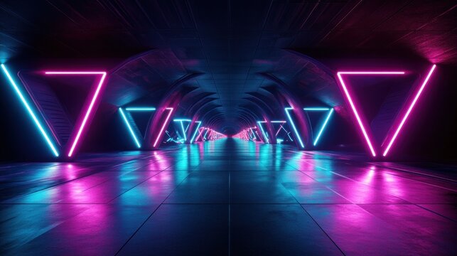 Futuristic Neon Geometric Space Abstract Background with Glowing Triangles Reflective Surfaces Cyberpunk Lighting