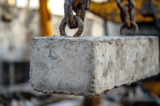 Concrete block lifted by crane