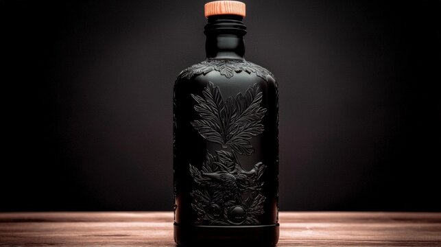 Elegant Black Whiskey Bottle  Etched Glass  Dark Background  Luxurious Spirit  Premium Alc