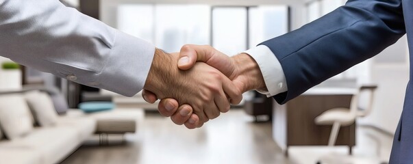 Two individuals shaking hands to show mutual agreement and success
