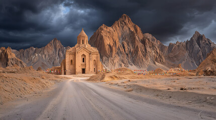 A solitary ancient structure stands amidst rugged mountains under a dramatic sky, evoking a sense of mystery and timelessness.