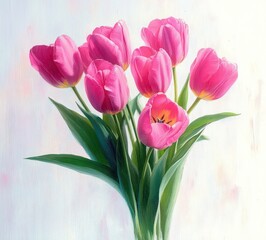 Fototapeta premium Pink Tulips Bouquet on White Background with Fresh Blossoms and Green Stems