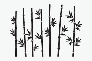 Bamboo forest stems, jungle bamboo silhouettes with branches and leaves, decorative vector illustration