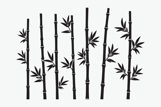 Bamboo forest stems, jungle bamboo silhouettes with branches and leaves, decorative vector illustration
