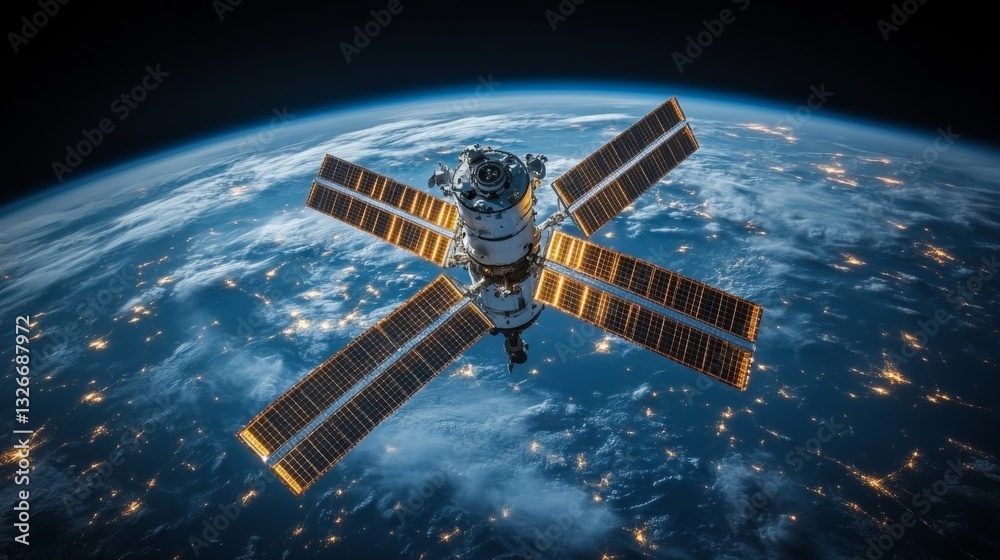 Aufkleber Orbiting Earth, the satellite utilizes solar panels for energy while transmitting critical telemetry data. It supports GPS and GNSS for accurate positioning and tracking applications.