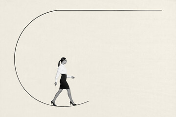 Exclusive art banner collage of happy businesswoman employee girl walk doodle path promotion...