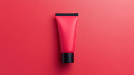 Bright red cosmetic tube on vibrant red background, showcasing modern design and elegance. Perfect for beauty product promotions and advertising