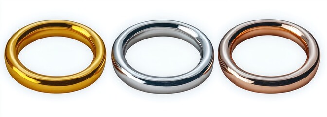 Set of Gold Silver Bronze Metal Grommet Rings for Paper Card Tag Hanger Isolated on White Background