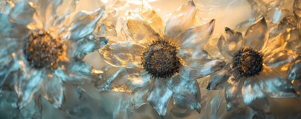 Golden light shining through silver petals of decorative flowers