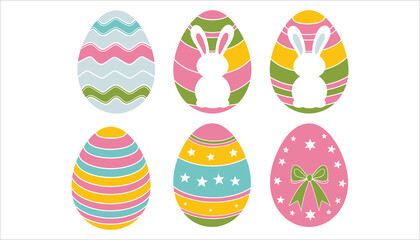 Easter Egg Clipart. Decorative Eggs with Bunny, Ribbon, Stars Vector Set.