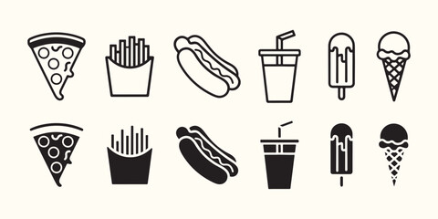 Silhouette and outline fast food icon set and vector illustration 