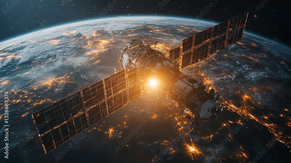 Poster a geostationary satellite operating in low earth orbit showcases advanced technology, engaging in da