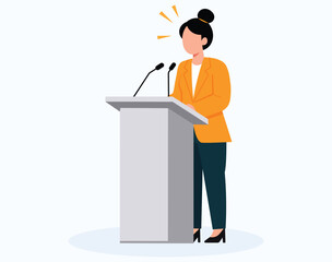 woman speaker with a bun of hair speaking to the public on the podium. illustration