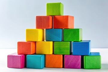 Rule of thirds photography captures colorful stacking blocks; a fun, educational toy for kids on a clean white background.