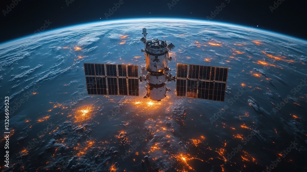 Poster in low earth orbit, a spacecraft equipped with solar panels monitors global signals, providing vital