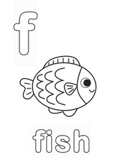 Alphabet Coloring Page for Kids. Children's Coloring Activity sheet. Cute Fish Illustration to Color.	