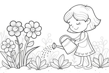Obraz premium Garden theme, A girl waters flowers in a garden, nurturing plants with joy. Outline for coloring
