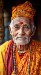 Fototapeta premium Close-up portrait of elderly sage meditating in temple - a peaceful spiritual experience