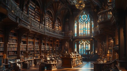 Obraz premium Historical vibe of a majestic library enchanted city interior photography in wide angle