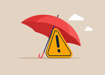 Exclamation attention sign under umbrella. Incident management, root cause analysis or solving problem, identify risk or critical failure concept. Flat vector illustration